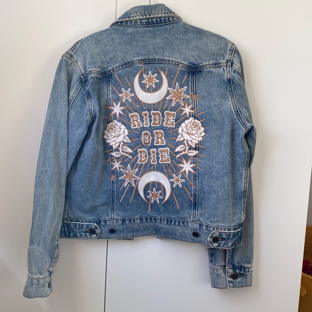 Rue De Seine Blue Ride or Die Jean Jacket with White Embroidery